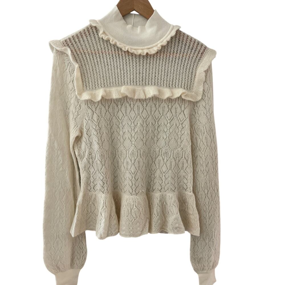 Intermix Cottage Alpaca Blend Delicate Ruffled Sweater in Cream Size Large‎